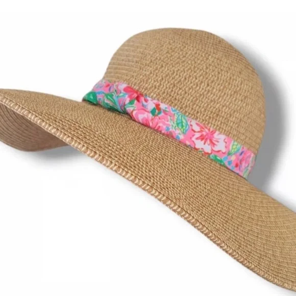 NWOT Lilly Pulitzer Tan Straw Hat Pink Floral Band GWP Journey to the Jungle - Picture 3 of 8